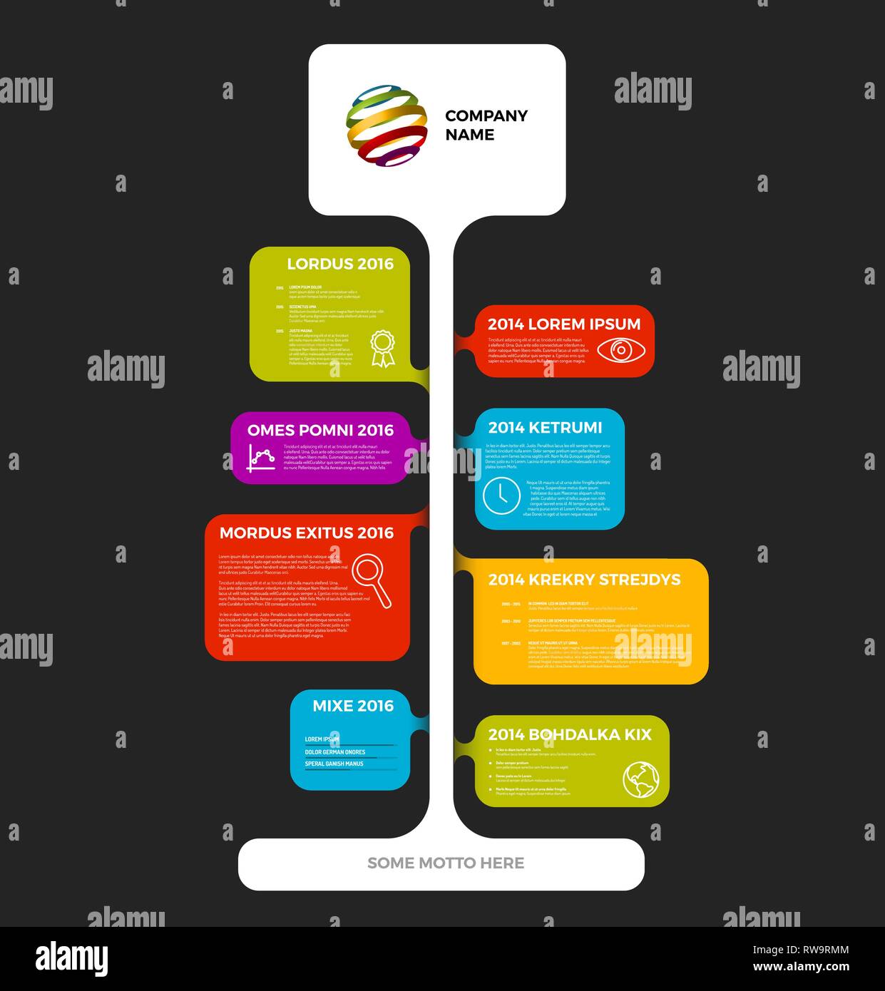 Infografico vettore timeline modello di rapporto realizzato da bolle colorate - versione scuro Illustrazione Vettoriale