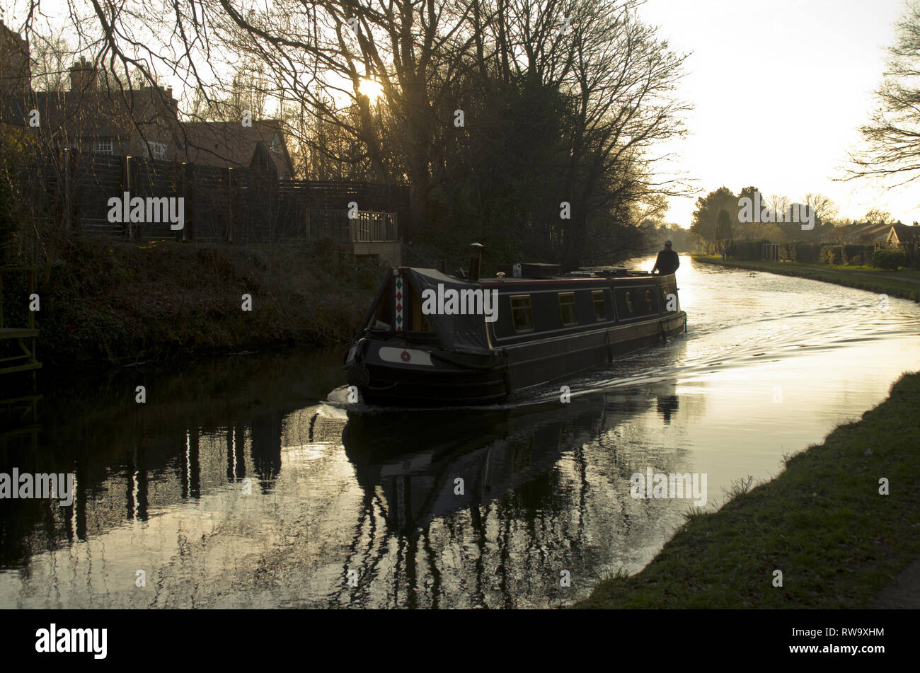 Barca stretta su Bridgewater Canal, vicino a Lymm Cheshire Foto Stock