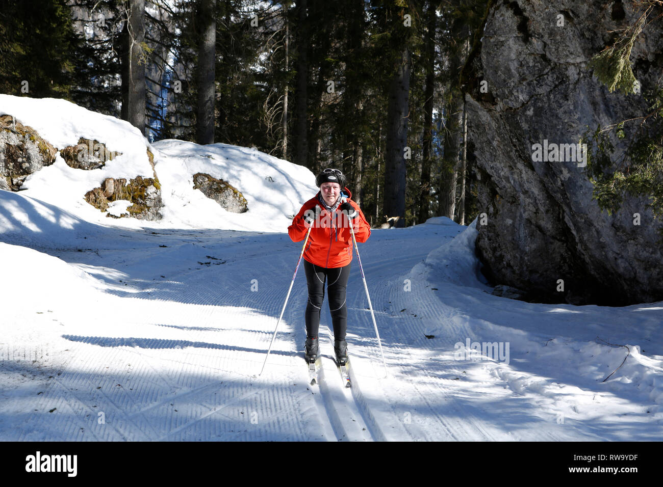 Donna su sci di fondo a San Martino di Castrozza, Trentino, Italia, Europa Foto Stock
