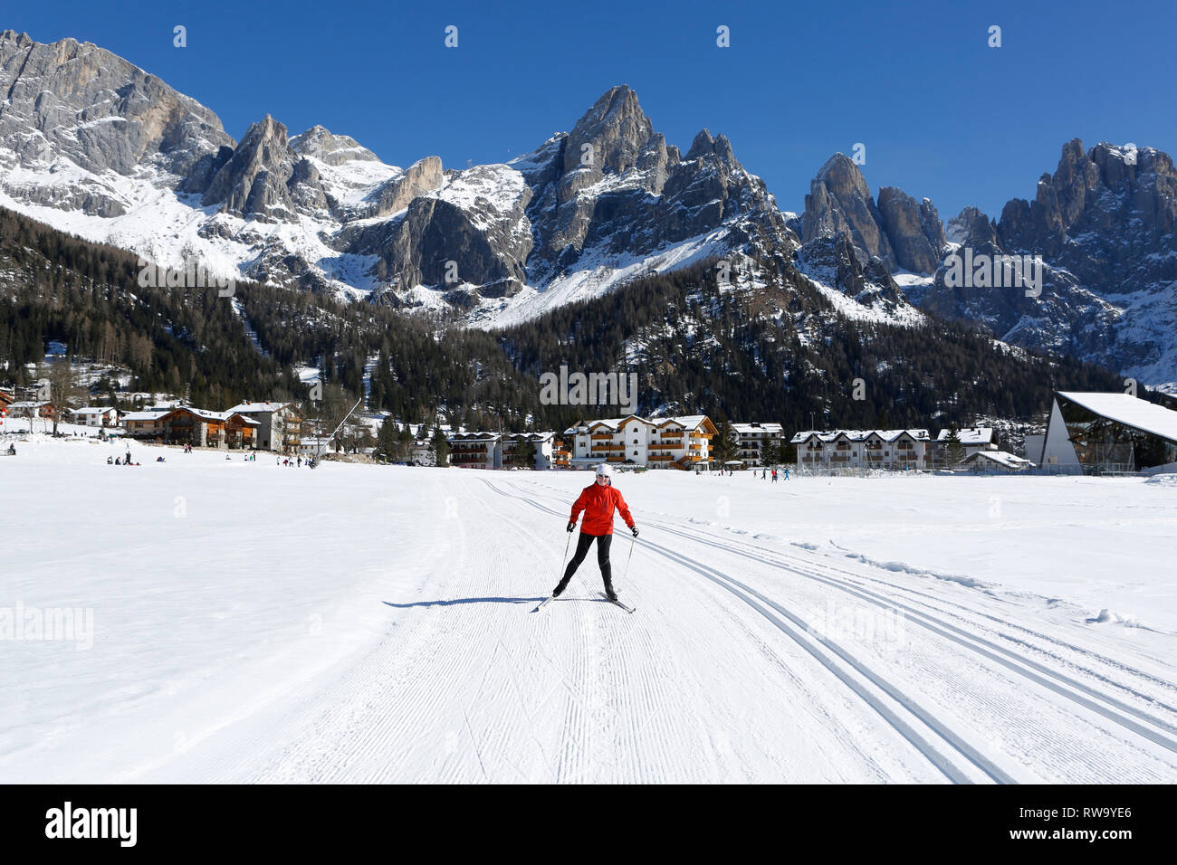 Donna su sci di fondo a San Martino di Castrozza, Trentino, Italia, Europa Foto Stock