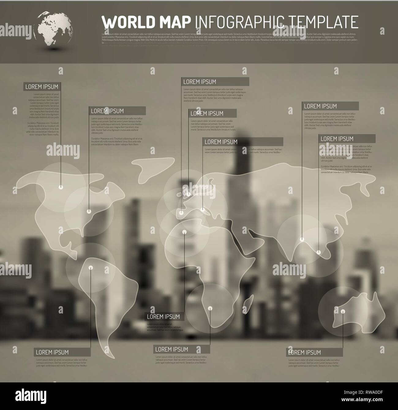 Luce mappa del mondo con i marchi di puntatore (flag) - Concetto di comunicazione, con city sfondo sfocato Illustrazione Vettoriale
