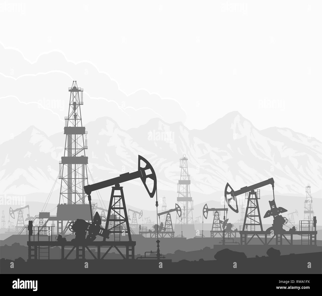 Pompe olio e impianti di trivellazione a grandi oilfield Illustrazione Vettoriale