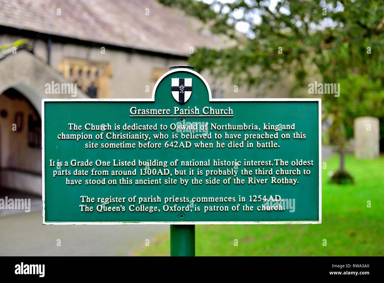 Grasmere Chiesa Parrocchiale di placca informazioni storico segno,Lake District,Cumbria,l'Inghilterra,UK Foto Stock