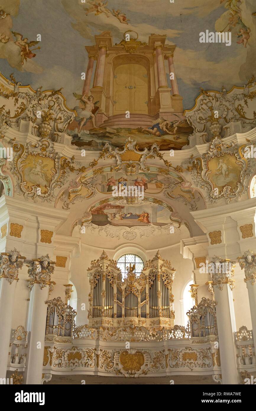 Galleria d'organo, organo brochure, Wieskirche vicino Steingaden, Algovia, Baviera, Germania Foto Stock