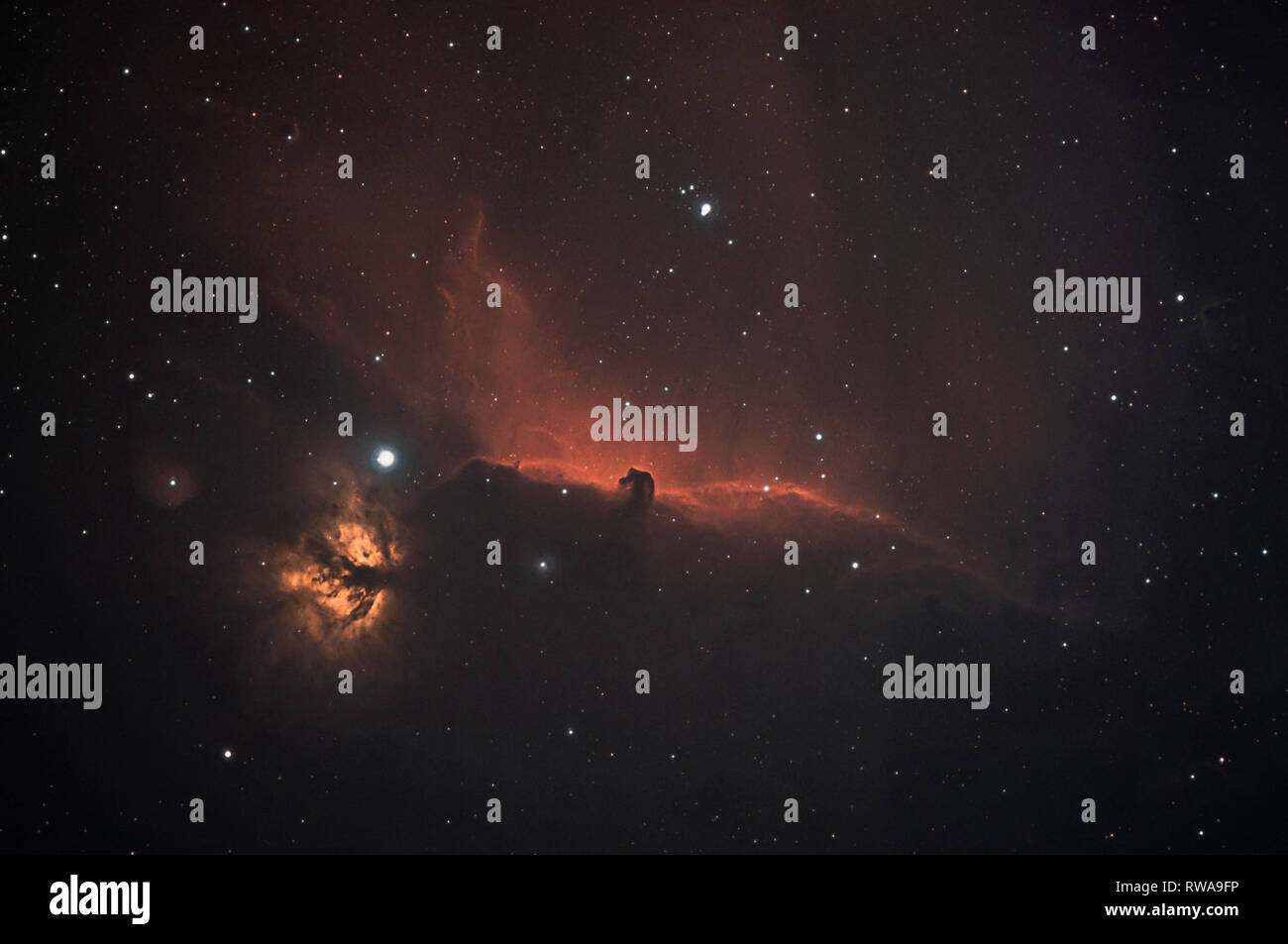 Testa di cavallo e la nebulosa Fiamma prese con dedicato telecamera astronomica sul telescopio Foto Stock