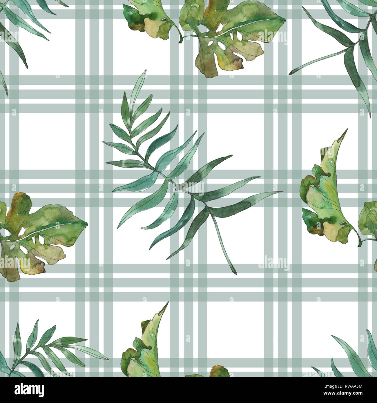 Exotic Tropical hawaiian estate. Palm Beach foglie. Illustrazione ad acquerello set. Disegno ad acquerello fashion aquarelle isolato. Backgro senza giunture Foto Stock