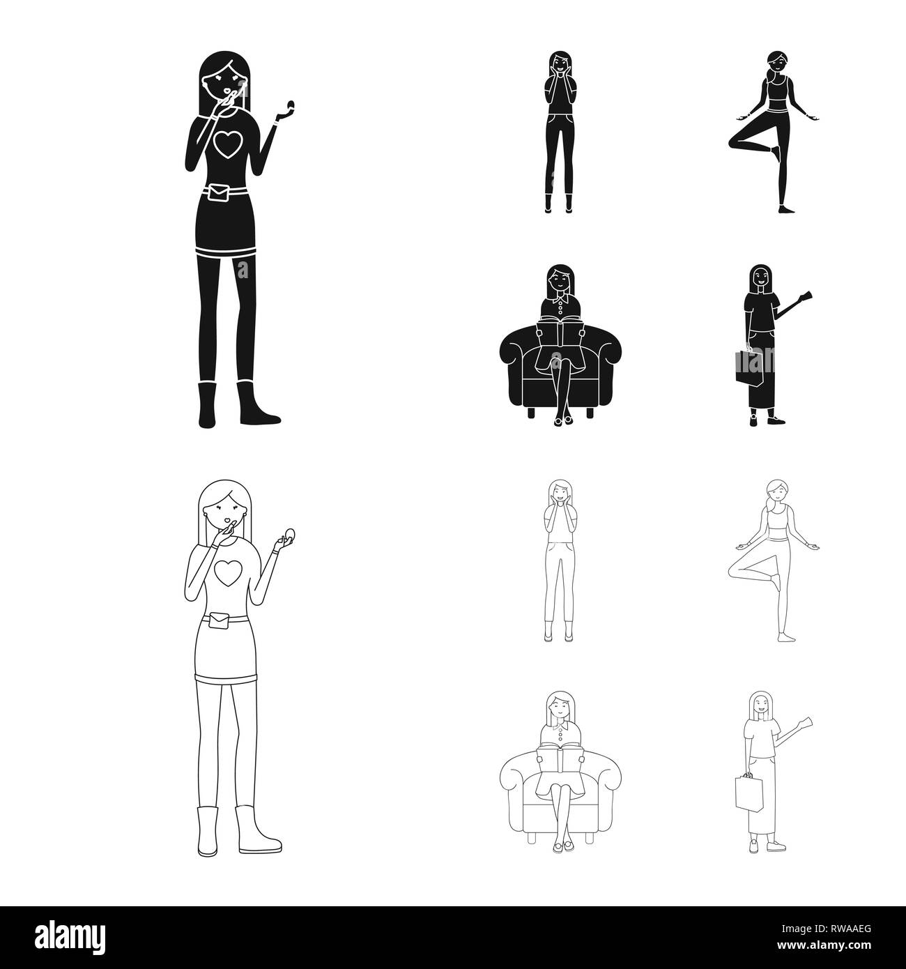 Il design del vettore di postura e logo dell'umore. Set di postura e femmina simbolo azionario per il web. Illustrazione Vettoriale