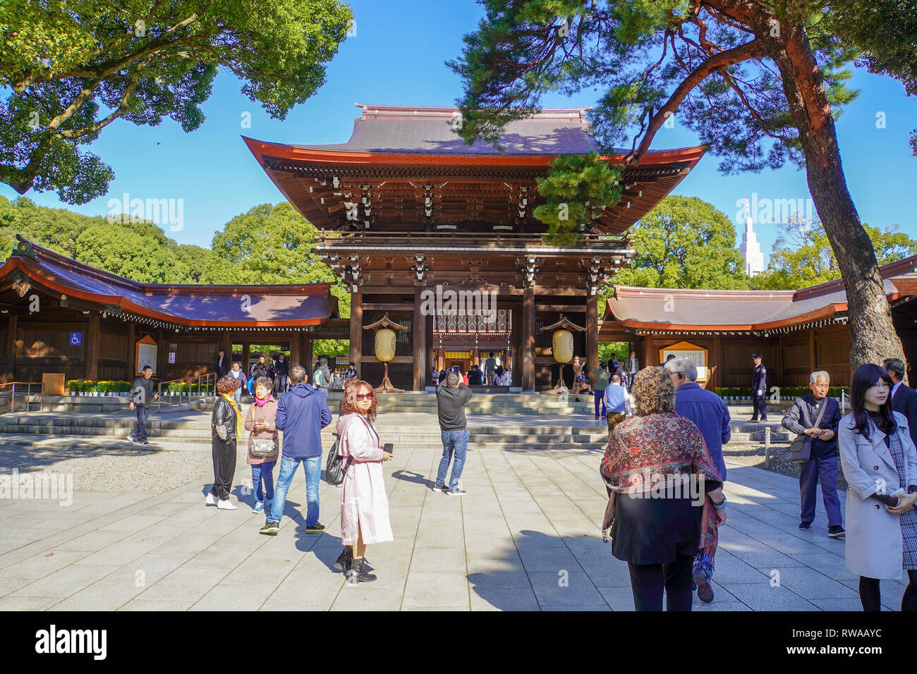 Meiji Jingu. Il Tempio di Meiji situato in Shibuya, Tokyo, è il santuario scintoista che è dedicato a deificato spiriti dell'Imperatore Meiji e di sua moglie, le unità EMPR Foto Stock