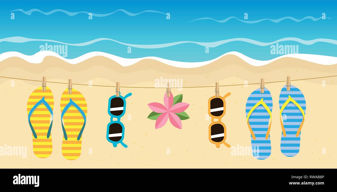 Striped infradito e occhiali da sole appendere su una corda sulla spiaggia illustrazione vettoriale EPS10 Illustrazione Vettoriale