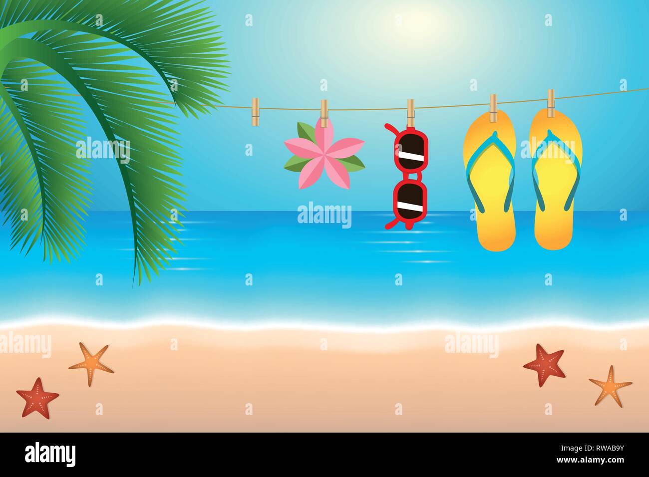 Vacanze estate infradito e occhiali da sole appendere su una corda sulla spiaggia illustrazione vettoriale EPS10 Illustrazione Vettoriale