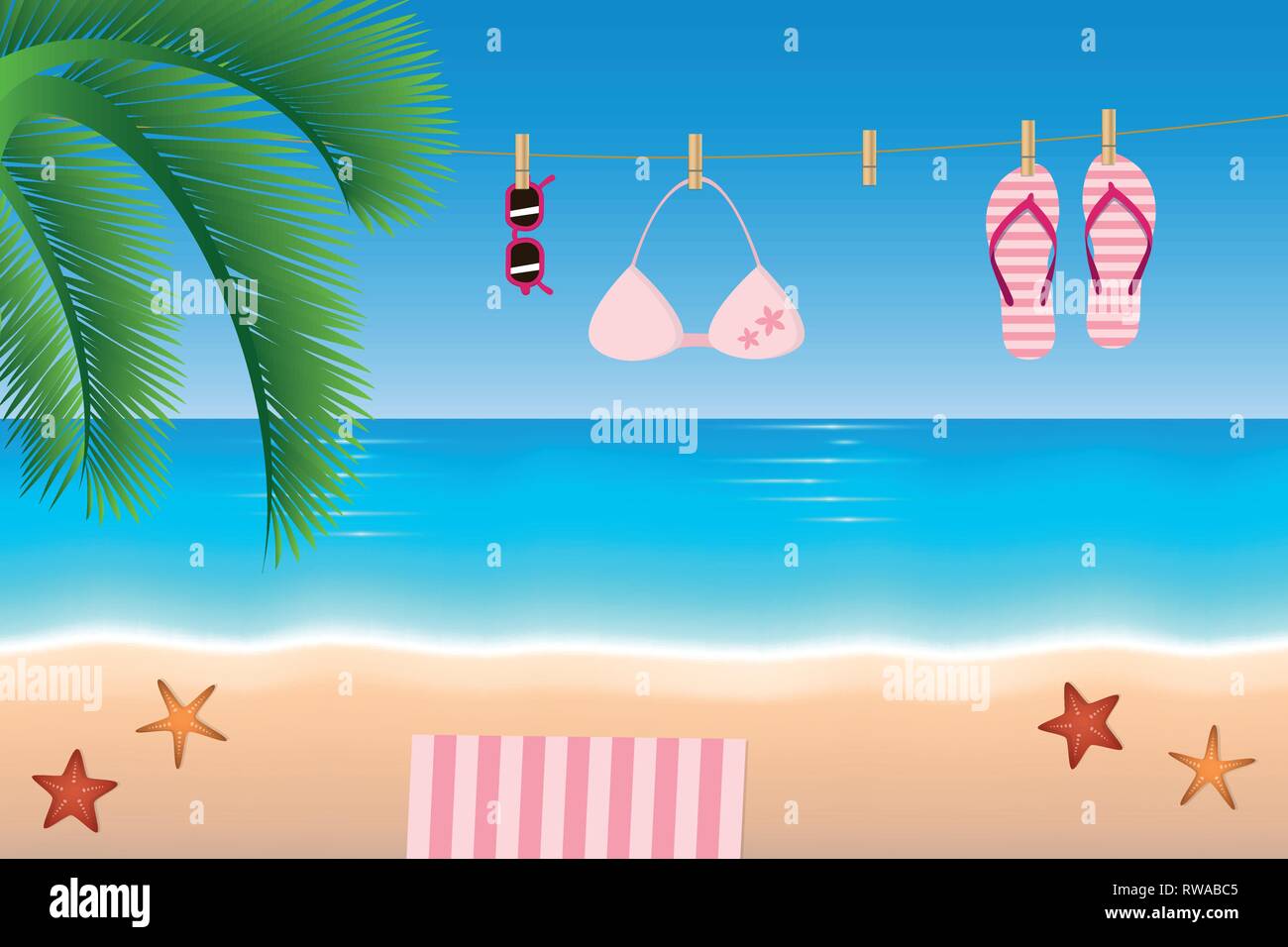 Vacanze estate infradito bikini e occhiali da sole appendere su una corda sulla spiaggia illustrazione vettoriale EPS10 Illustrazione Vettoriale