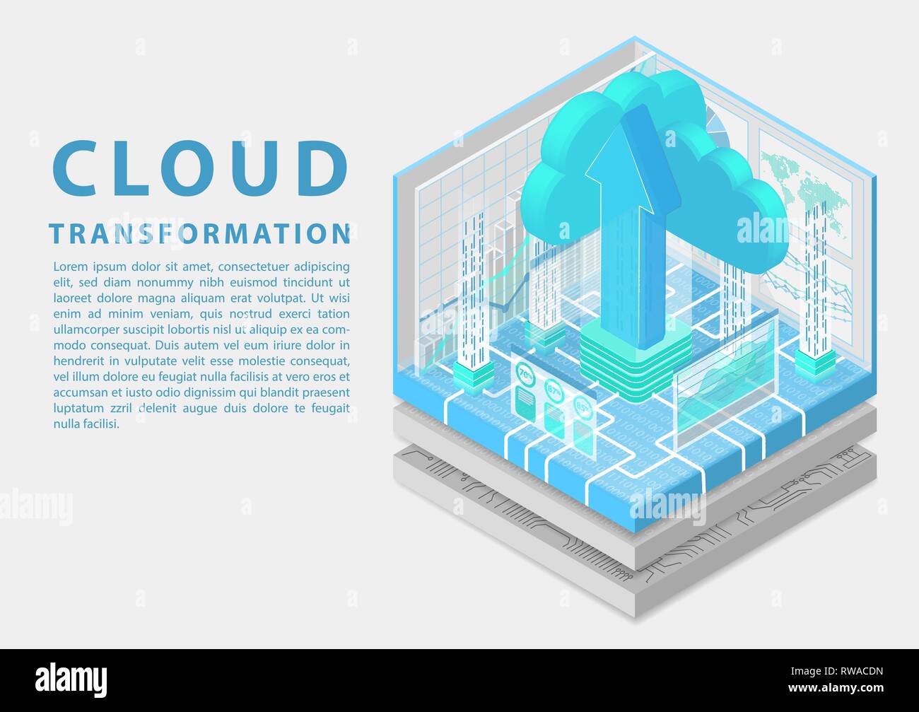 Cloud concetto di trasformazione con il simbolo del cloud flottante e caricare freccia isometrica come 3d illustrazione vettoriale Illustrazione Vettoriale