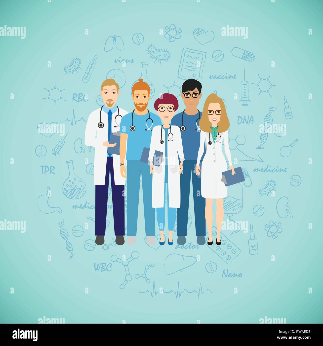 Medicina il concetto di squadra con diversi medici. Il gruppo di medici medico giovane uomo e donna in piedi insieme. Consultazione Illustrazione Vettoriale