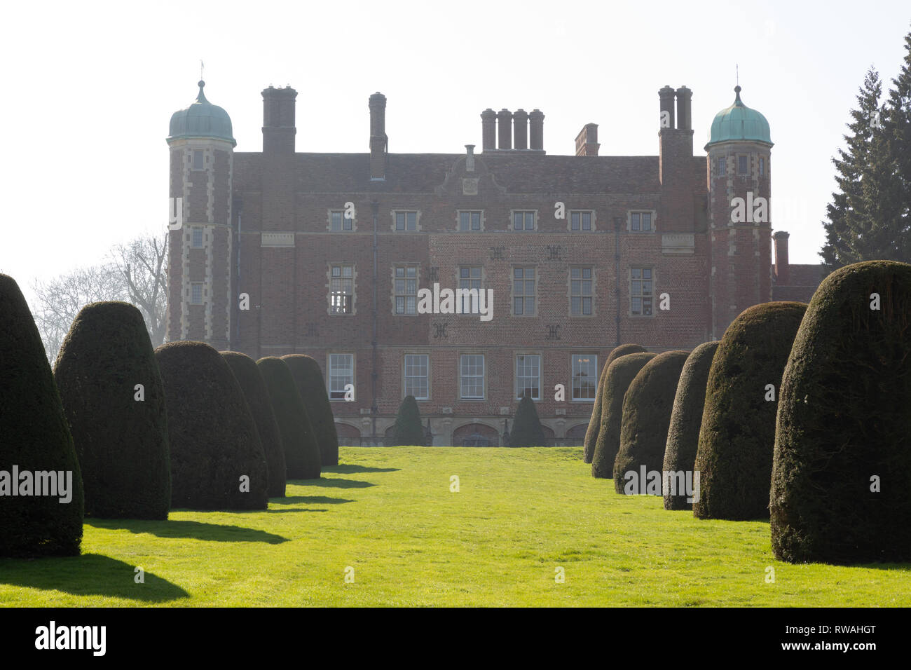 Madingley Hall e l'albero di Yew avenue, Madingley, Cambridge, UK, un sedicesimo secolo country house ora posseduta dalla Università di Cambridge. Foto Stock