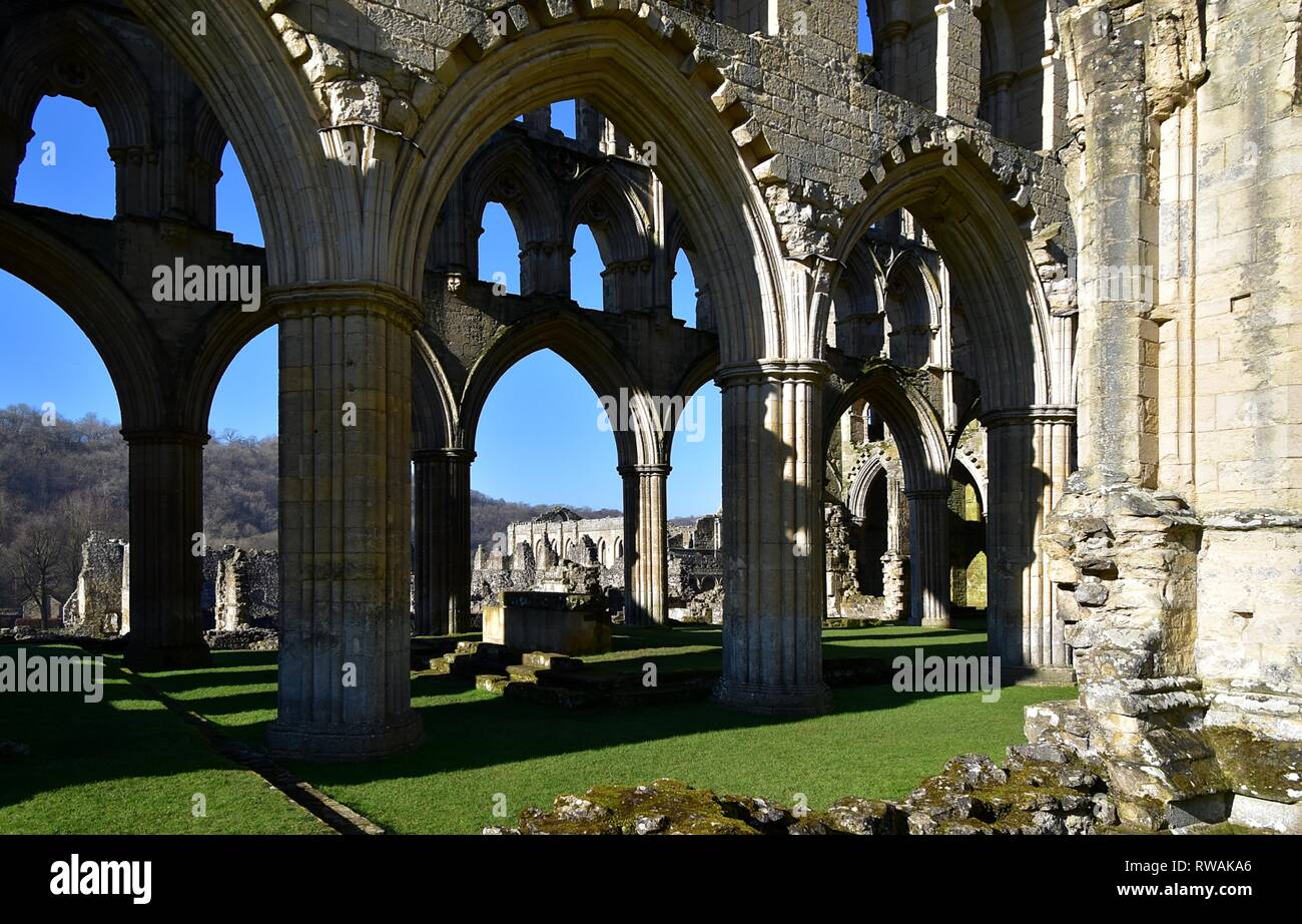 Rievaulx Abbey Church archi e navata. Foto Stock