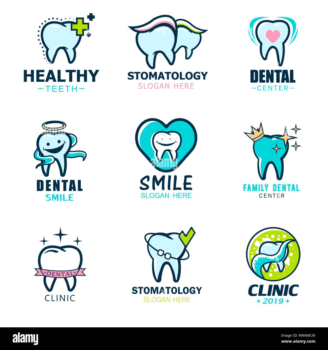 Mondo dentista giorno.il logo grande set di stomatologia illustrazione vettoriale di logo di dente. Grande holiday gift card,poster. Stomatologia banner Illustrazione Vettoriale