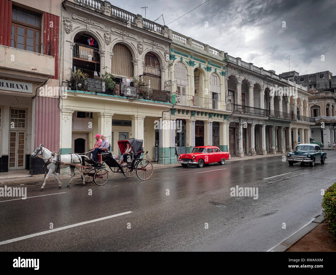 Vecchia auto americane e un cavallo e il trasporto su strade bagnate di Paseo de Marti dopo una tempesta di pioggia nel centro di Avana, Cuba Foto Stock