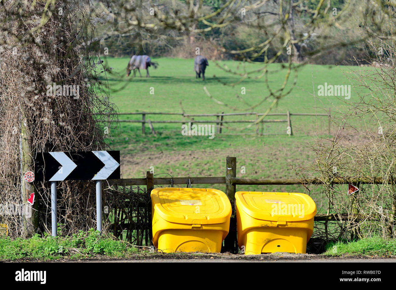 Villaggio allentati, Kent, Regno Unito. Grit / distributori di sale in primavera Foto Stock