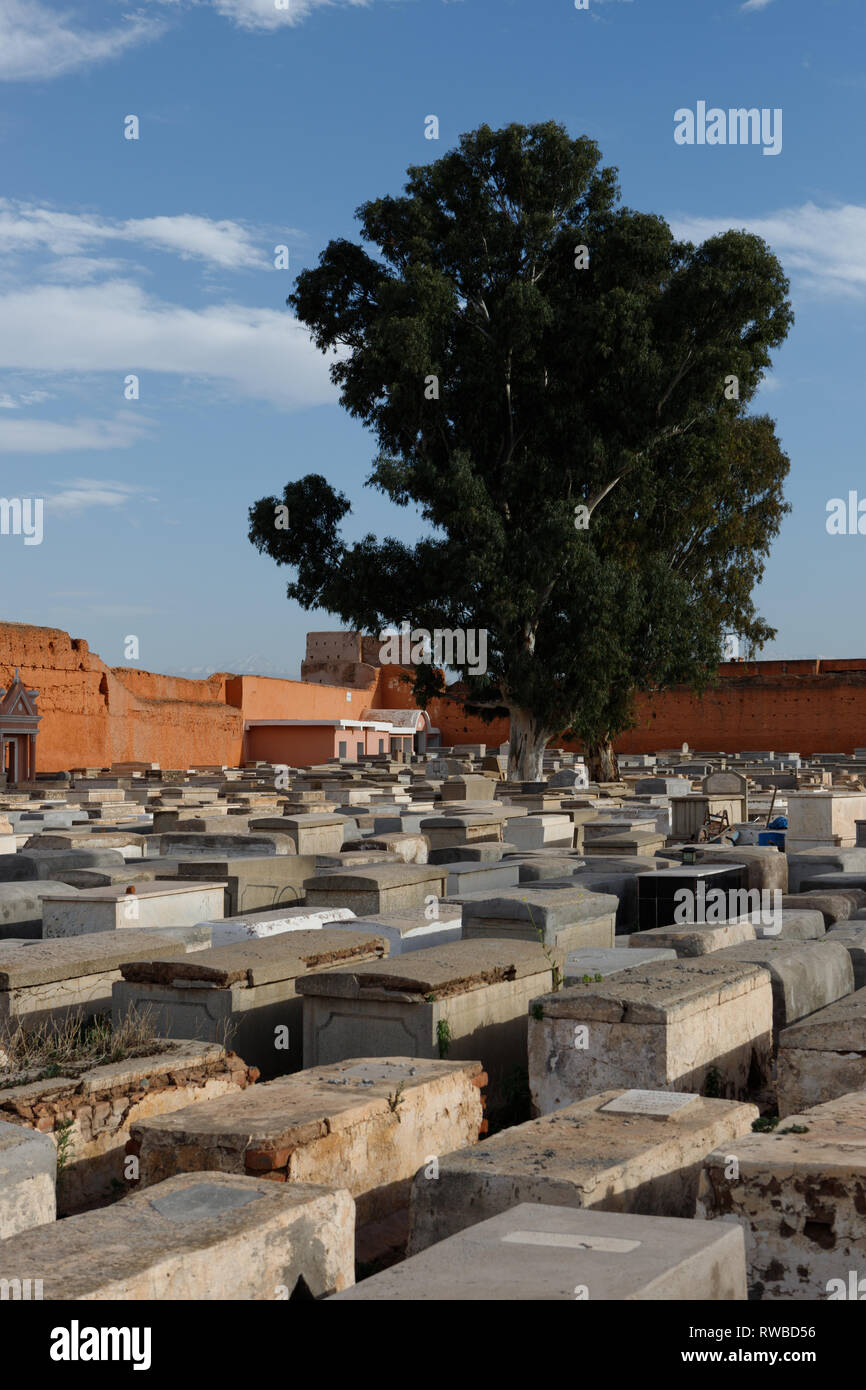 White graves al Miara cimitero ebraico nella Medina di Marrakech in un assolato pomeriggio di primavera (Marrakech, Marocco, Africa) Foto Stock