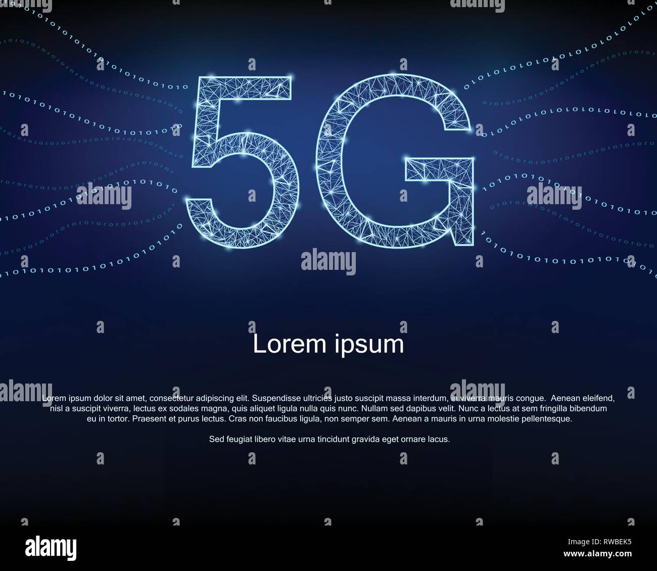 5G con uno sfondo con mesh poligonale, codici binari. Illustrazione Vettoriale