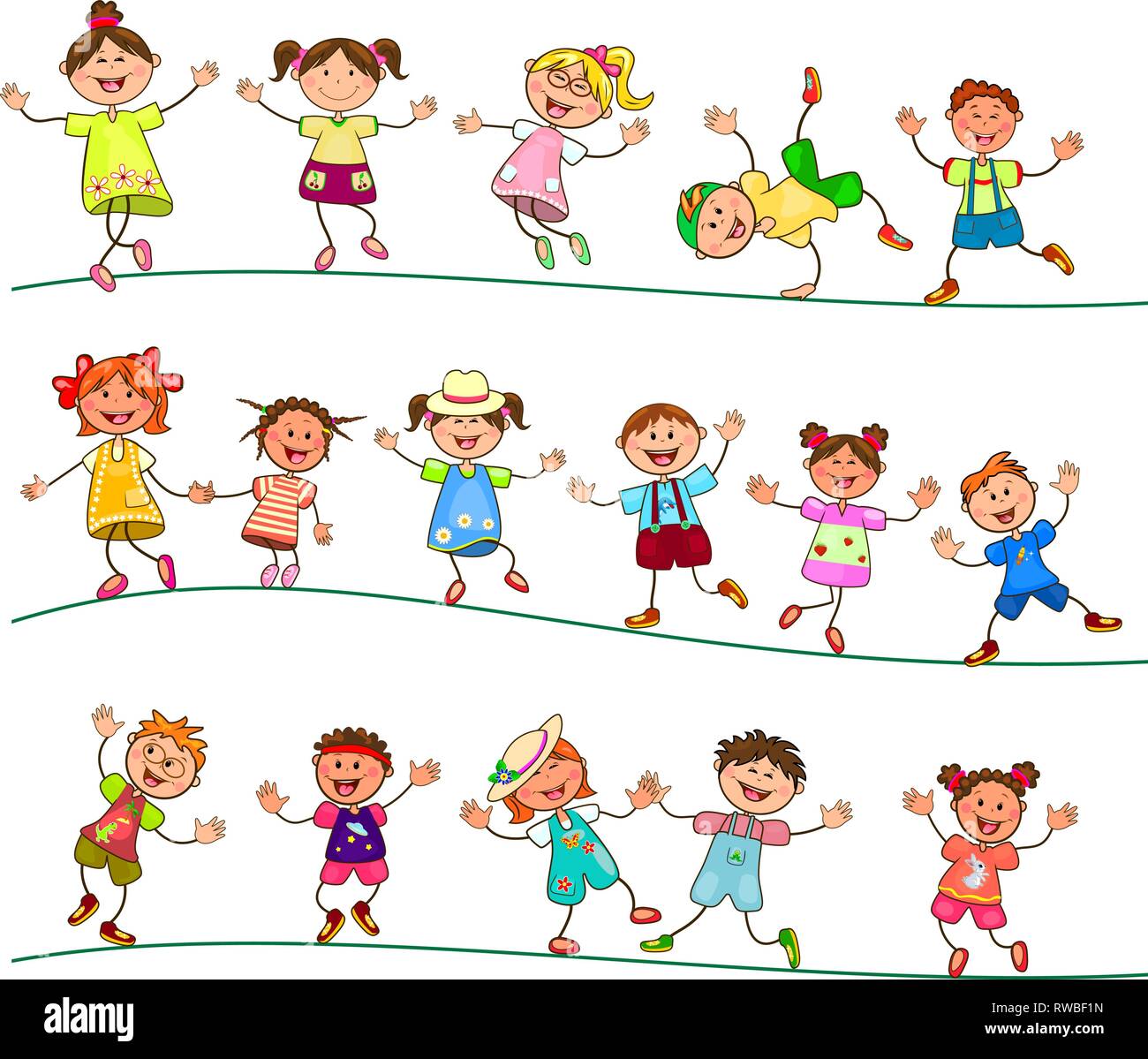 Il gruppo di allegro, sorridente i bambini su uno sfondo bianco. Cartoon gioiosa dei bambini. Gruppo di felice, sorridente i bambini. Illustrazione Vettoriale