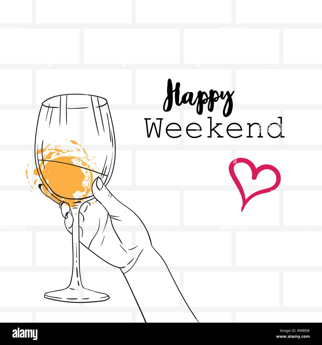 Mano che trattiene il vetro del vino happy weekend concetto calligraphy lettering poster mattoni grigio schizzo di sfondo Illustrazione Vettoriale