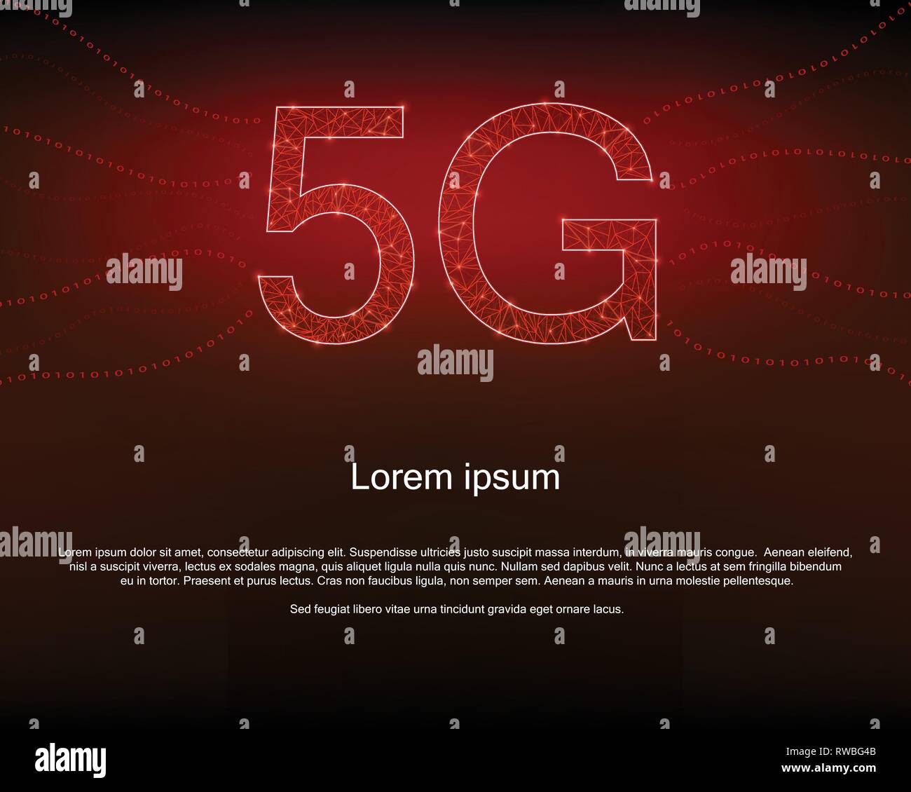 5G con uno sfondo rosso maglia poligonale, codici binari. Illustrazione Vettoriale