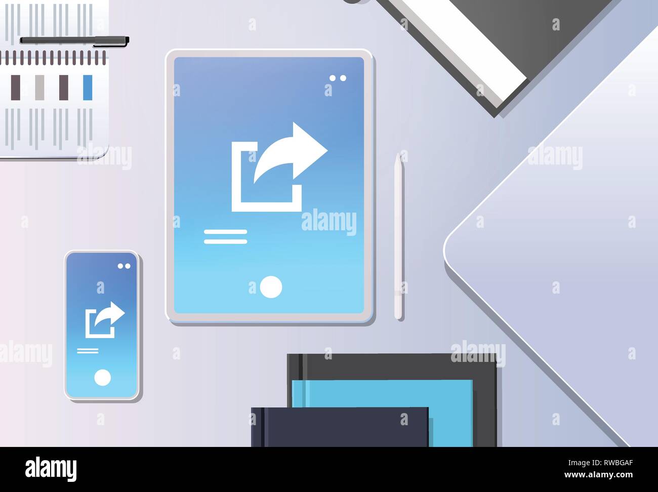 Dati cloud condividere online network condivisione internet alto angolo di vista desktop sul posto di lavoro con un tablet PC e lo schermo dello smartphone sincronizzazione ufficio di storage Illustrazione Vettoriale