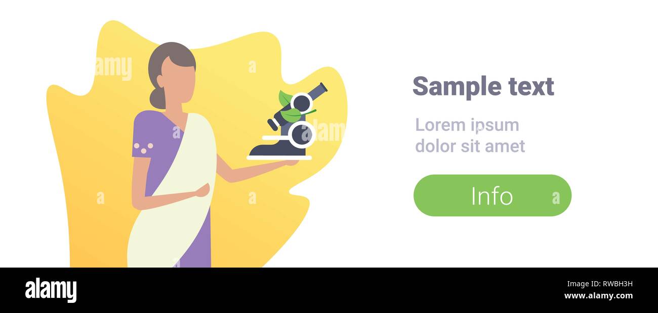 Donna indiana scienziato microscopio azienda insegnante di chimica lavoratore scuola lady in abiti tradizionali saree femmina carattere cartoon piatto verticale Illustrazione Vettoriale