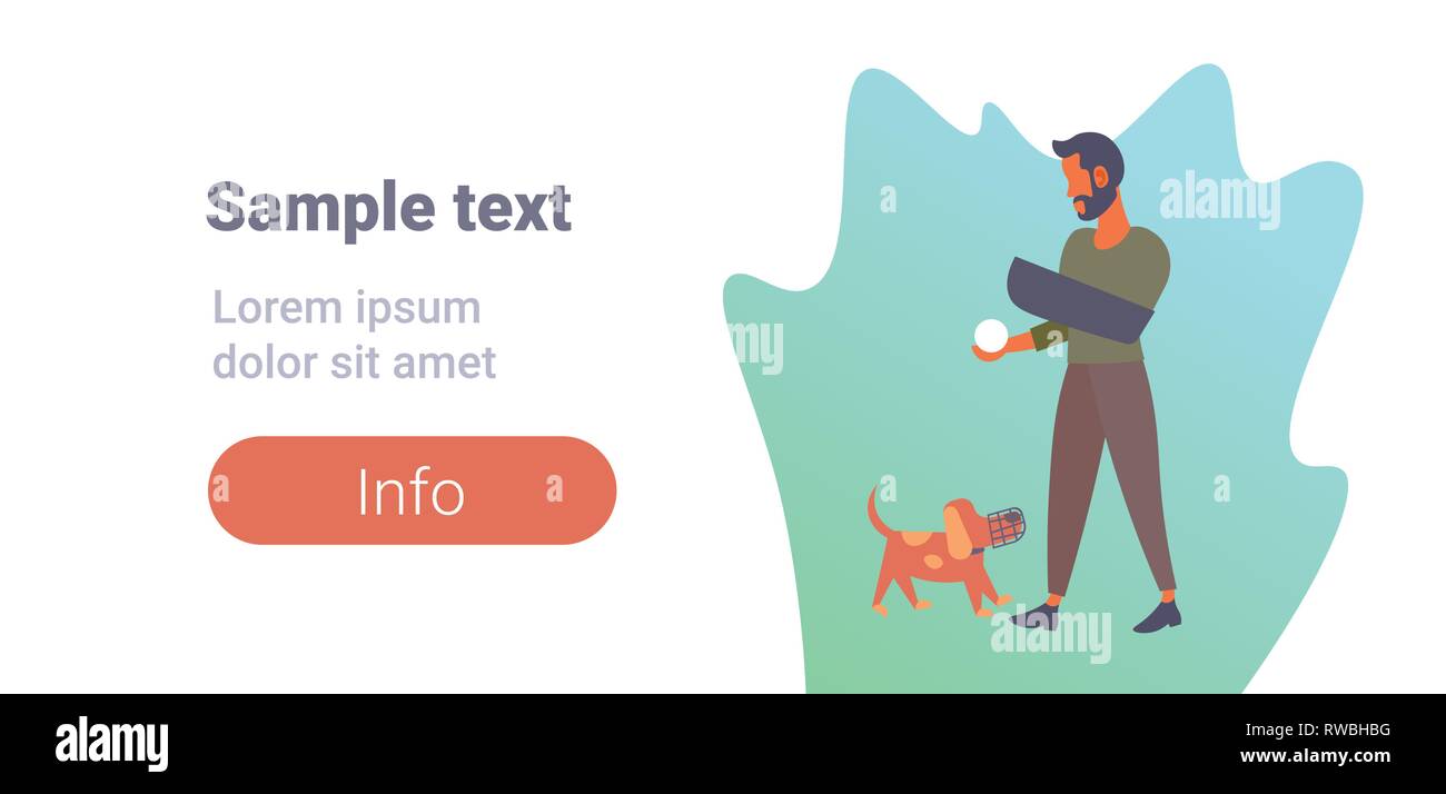 Uomo Barbuto dog trainer che sostiene la sfera di protezione da indossare sul lato maschio personaggio dei cartoni animati per tutta la lunghezza orizzontale piana spazio di copia Illustrazione Vettoriale