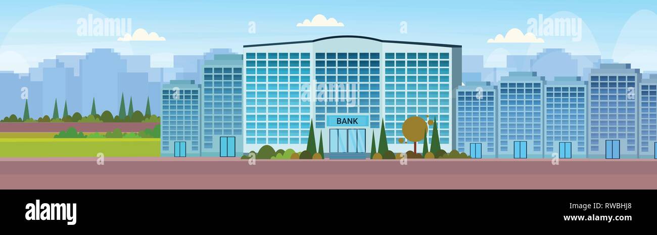 Banca moderna facciata di edificio con pareti di vetro frontale di istituzione finanziaria ufficio ingresso esterno cityscape sfondo banner orizzontale Illustrazione Vettoriale