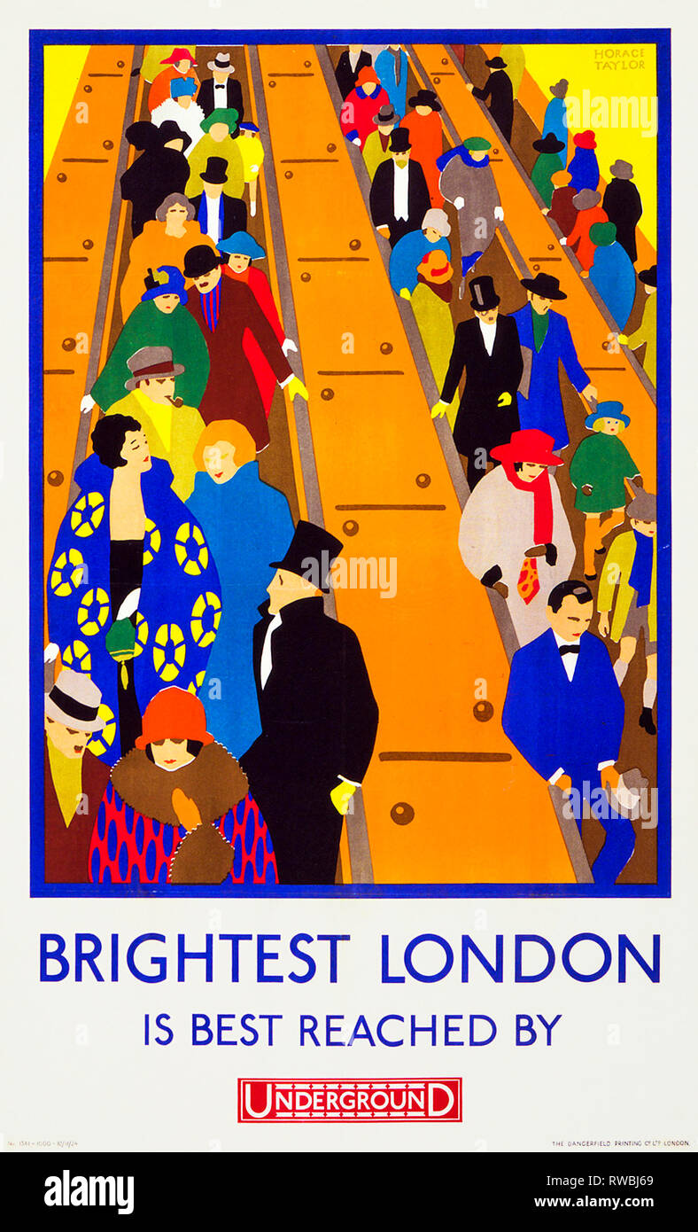 Art Deco, poster della metropolitana di Londra - la Londra più luminosa è facilmente raggiungibile dalla metropolitana, poster di viaggio vintage, 1924 Foto Stock