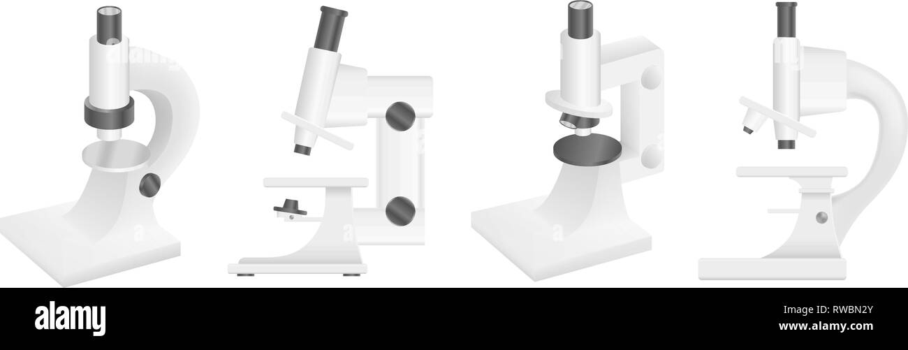 Microscopio set di icone, stile realistico Illustrazione Vettoriale