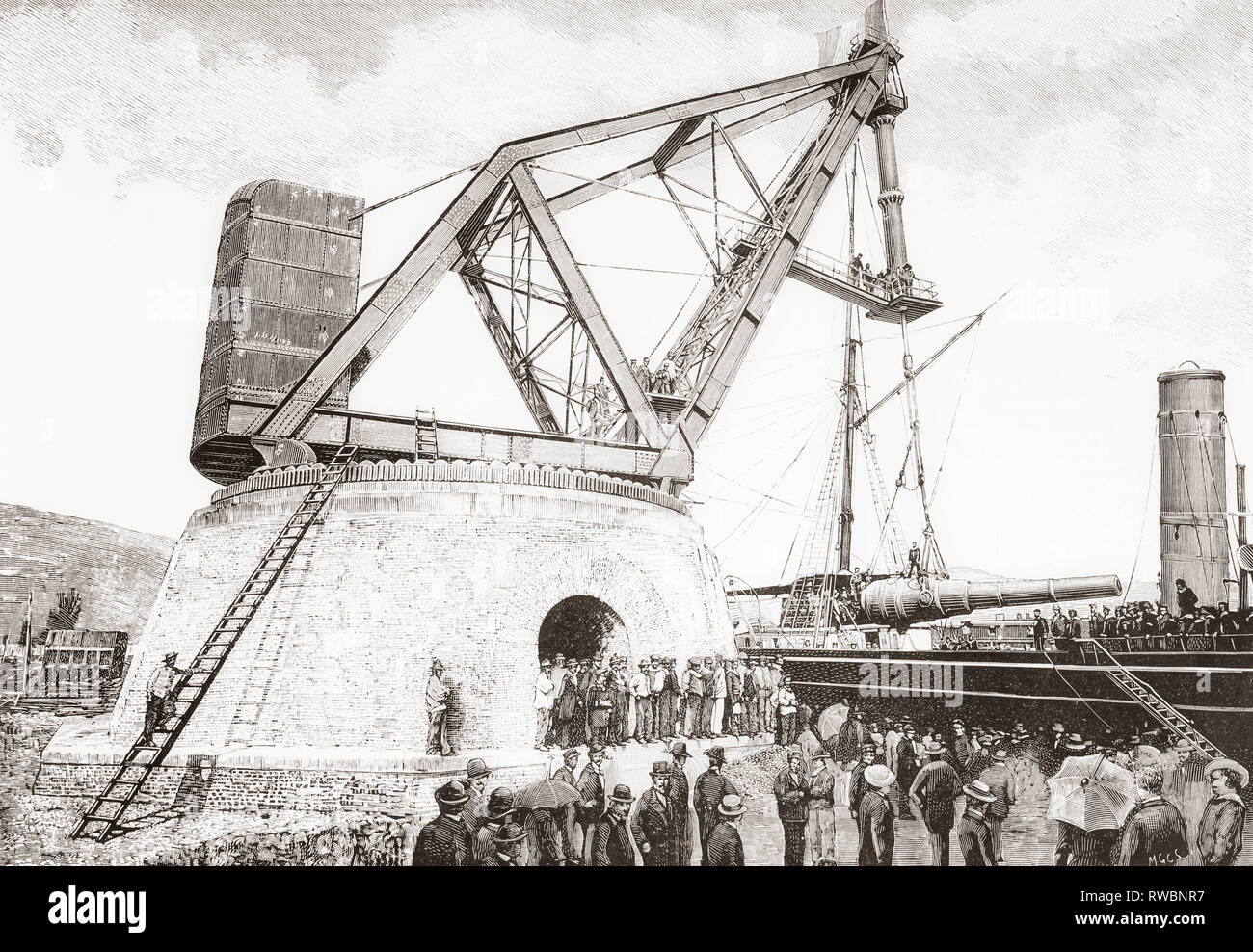 La 160 ton macchina idraulica presso l'arsenale di La Spezia base navale, Italia, visto qui nel XIX secolo. Da La Ilustracion Artistica, pubblicato 1887. Foto Stock