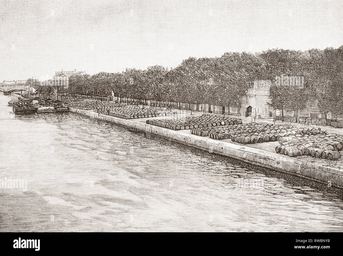 Il vino area di deposito lungo il Fiume Senna, Bercy, Parigi, Francia, visto qui durante il XIX secolo. Il molo dove le botti di vino sono state memorizzate all'arrivo. Da La Ilustracion Artistica, pubblicato 1887. Foto Stock
