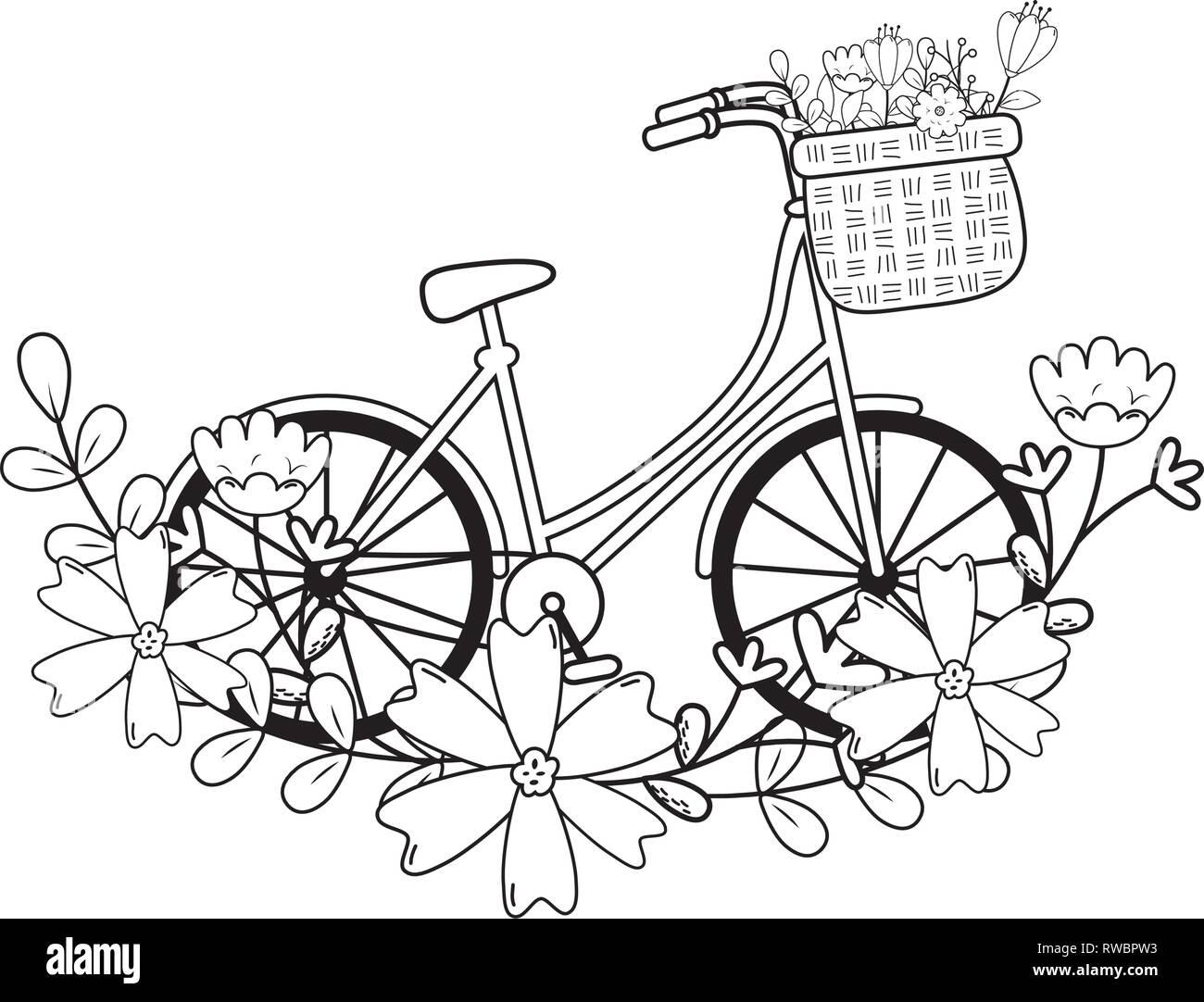 Carino bicicletta con cestello e decorazioni floreali Illustrazione Vettoriale