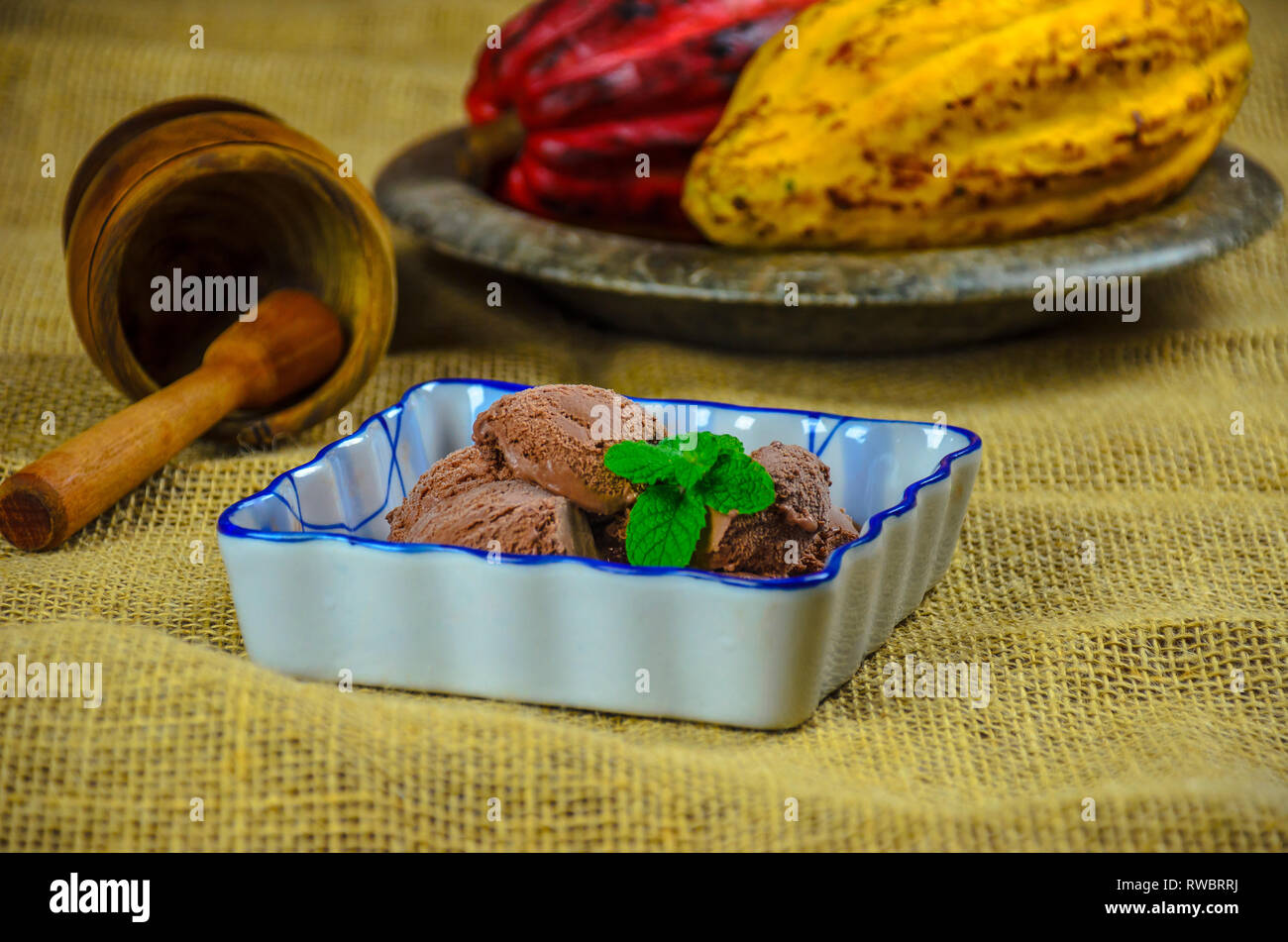 In casa fatto tutto artigianelmente gelato al cioccolato in una ciotola in ceramica con cucchiaino e cacao Cialde sullo sfondo. Foto Stock