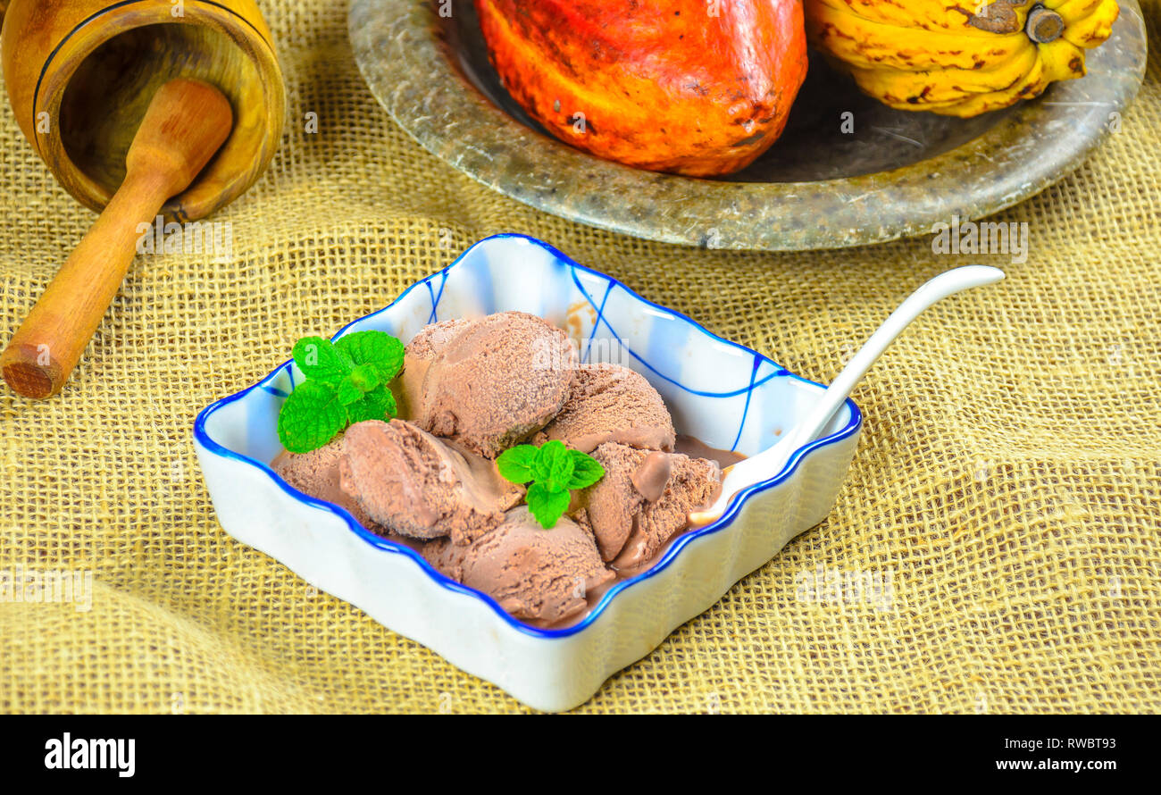 In casa fatto tutto artigianelmente gelato al cioccolato in una ciotola in ceramica con cucchiaino e cacao Cialde sullo sfondo. Foto Stock