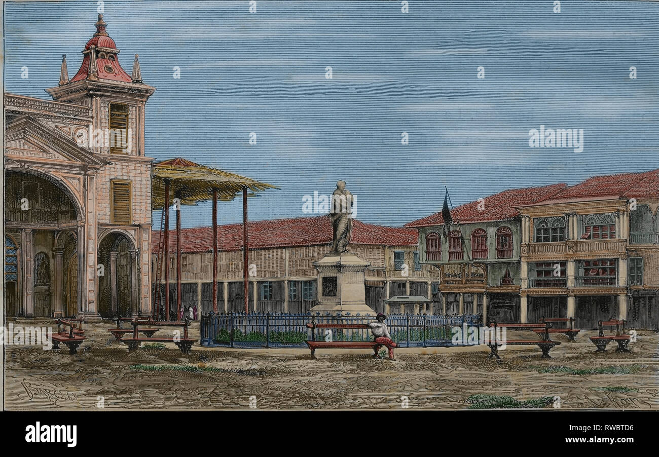 America. Ecuador. Guayaquil. San Francisco Square. Viaggio al fiume del Amazon e le gamme della montagna, da C. Wiener. Incisione, 1879-1882. Foto Stock