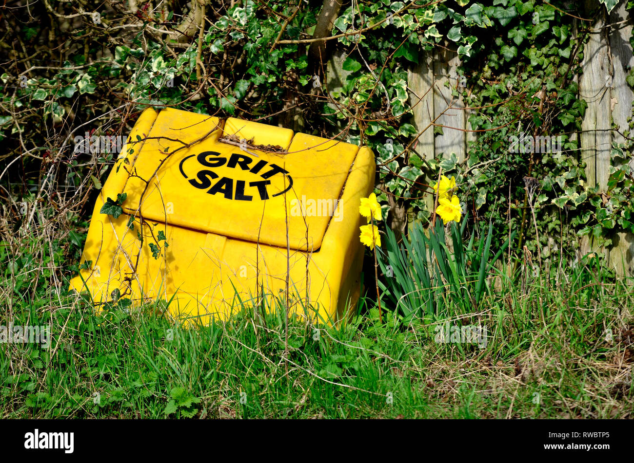 Villaggio allentati, Kent, Regno Unito. Grit / distributore di sale in primavera Foto Stock