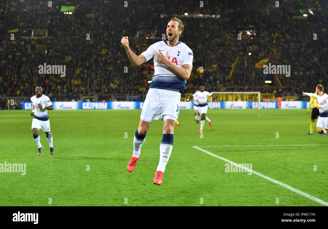 Dortmund, Germania. 05 Mar, 2019. Calcio: Champions League, Round di 16, la seconda gamba, Borussia Dortmund - Tottenham Hotspur in Signal Iduna Park. Harry Kane del Tottenham cheers il suo obiettivo di 0-1. Credito: Bernd Thissen/dpa/Alamy Live News Foto Stock