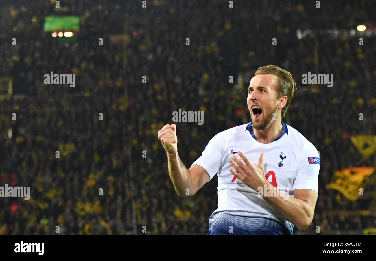 Dortmund, Germania. 05 Mar, 2019. Calcio: Champions League, Round di 16, la seconda gamba, Borussia Dortmund - Tottenham Hotspur in Signal Iduna Park. Harry Kane del Tottenham cheers il suo obiettivo di 0-1. Credito: Bernd Thissen/dpa/Alamy Live News Foto Stock