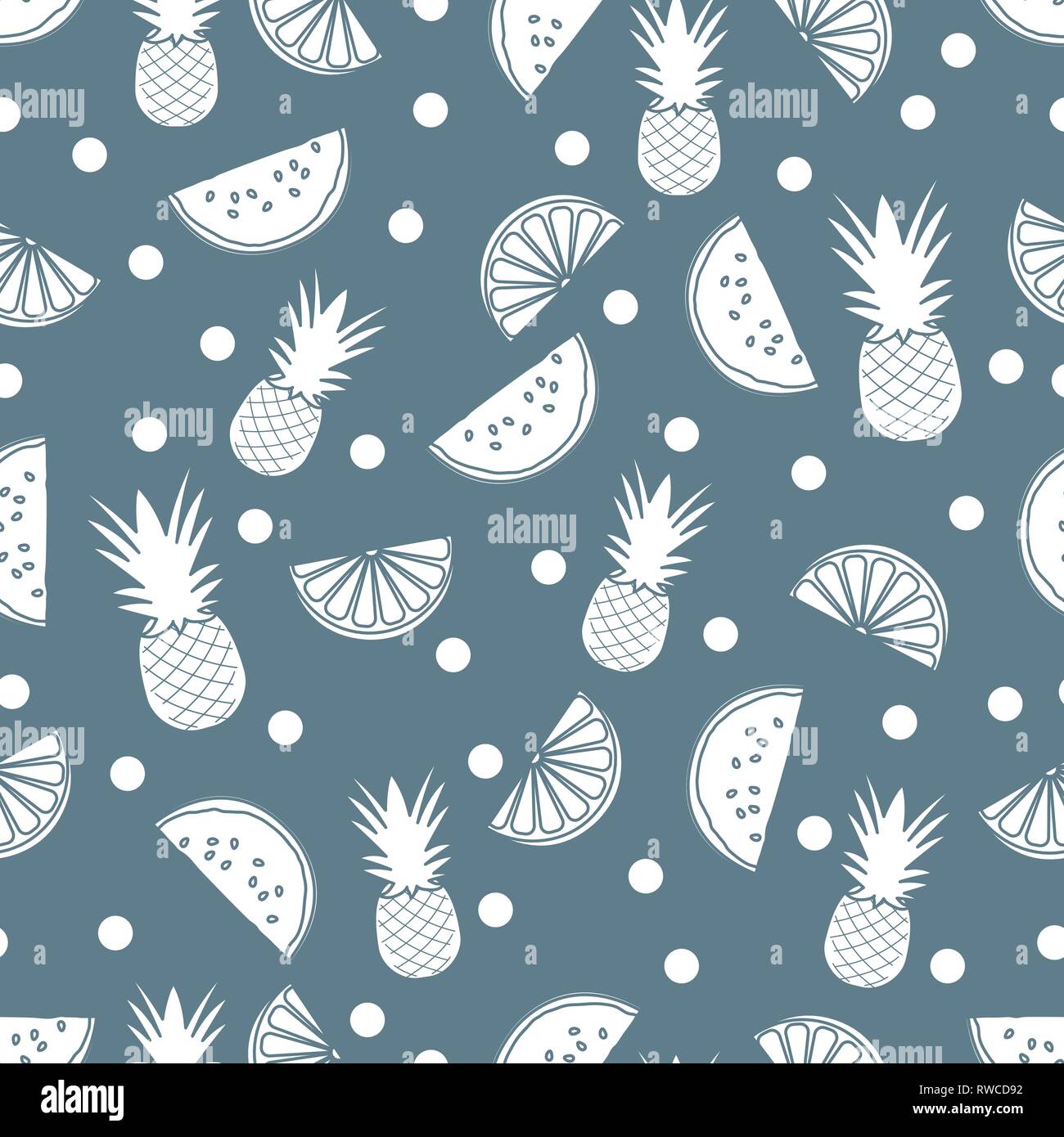Modello senza cuciture con ananas, fettine di arancia e di anguria fette. La frutta tropicale. Estate sfondo. Illustrazione Vettoriale
