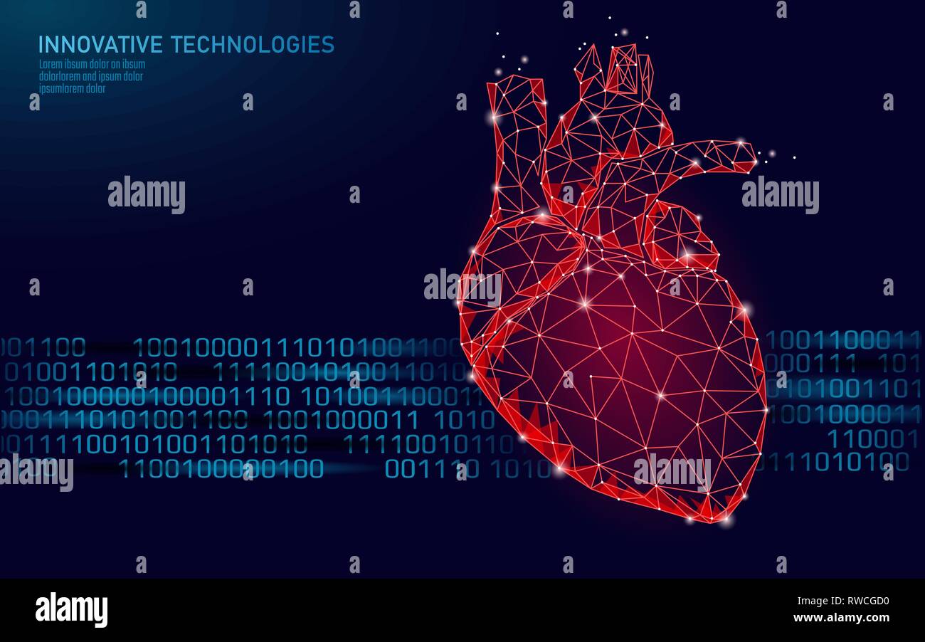 Umano sano di battiti cardiaci 3d modello di medicina a bassa poli. Triangolo di punti collegati glow punto sfondo rosso. Impulso interno moderno corpo di forma anatomica Illustrazione Vettoriale