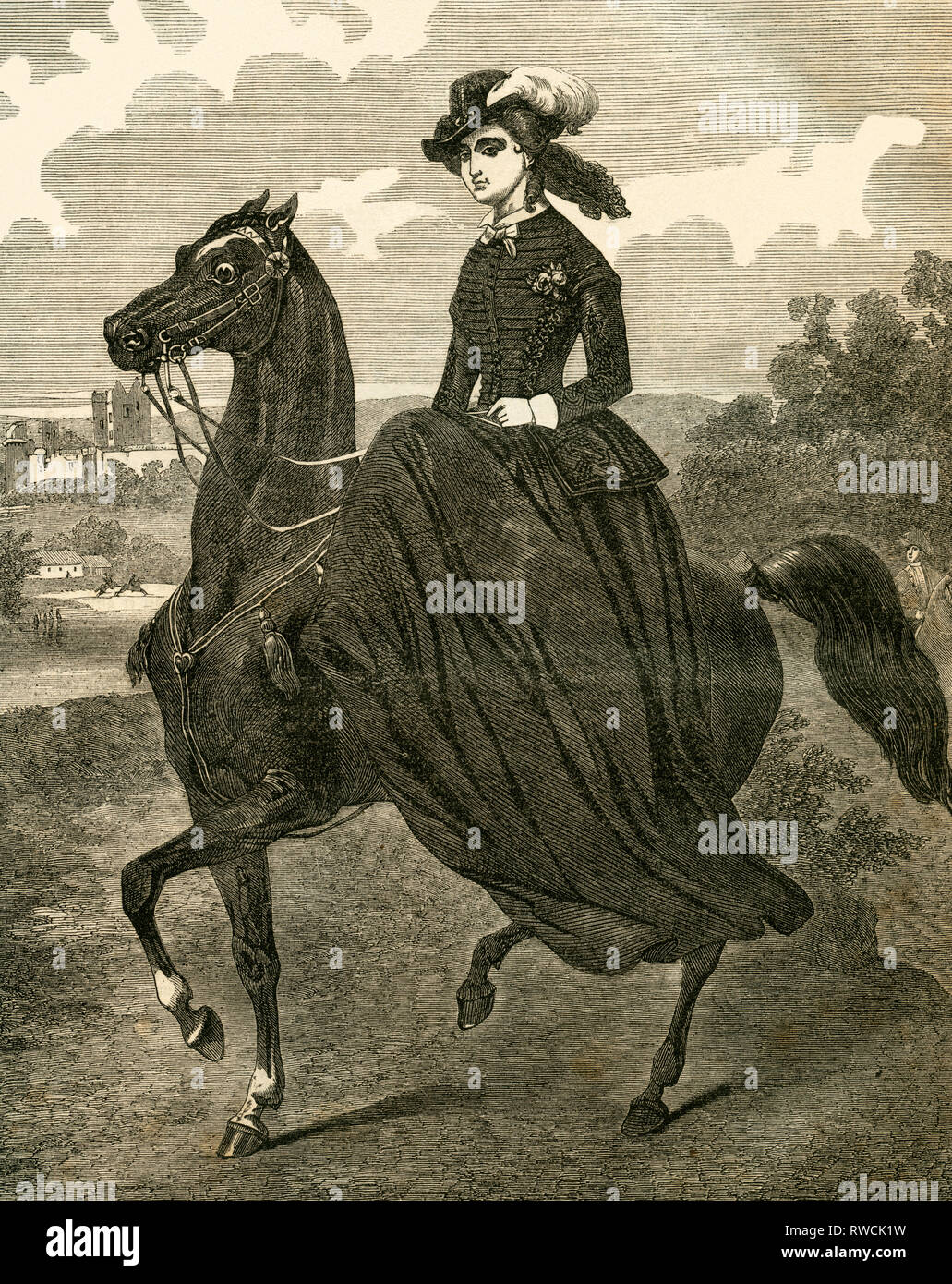 Eugénie Imperatrice del francese, equitazione, incisione su legno da: 'Illustrirtes Familien ufficiale ' (Famiglia rivista con le illustrazioni), pubblicato da A. H. Payne, 1853., Additional-Rights-Clearance-Info-Not-Available Foto Stock