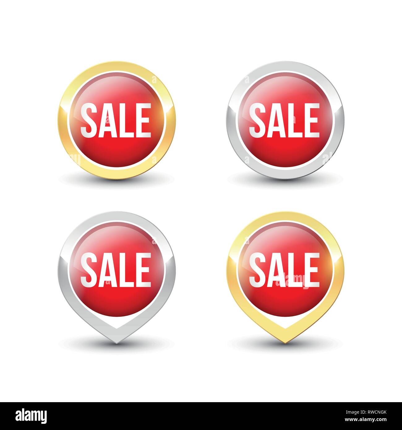 Rotondo Rosso vendita pulsanti e puntatori con oro metallizzato e argento confine. Etichetta del vettore icone isolati su sfondo bianco. Illustrazione Vettoriale
