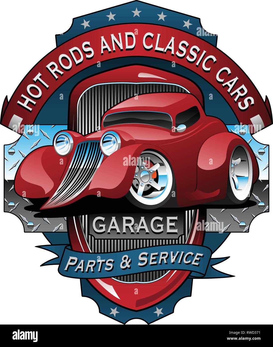 Hot Rods e Classic Cars Garage segno Vintage illustrazione vettoriale Illustrazione Vettoriale