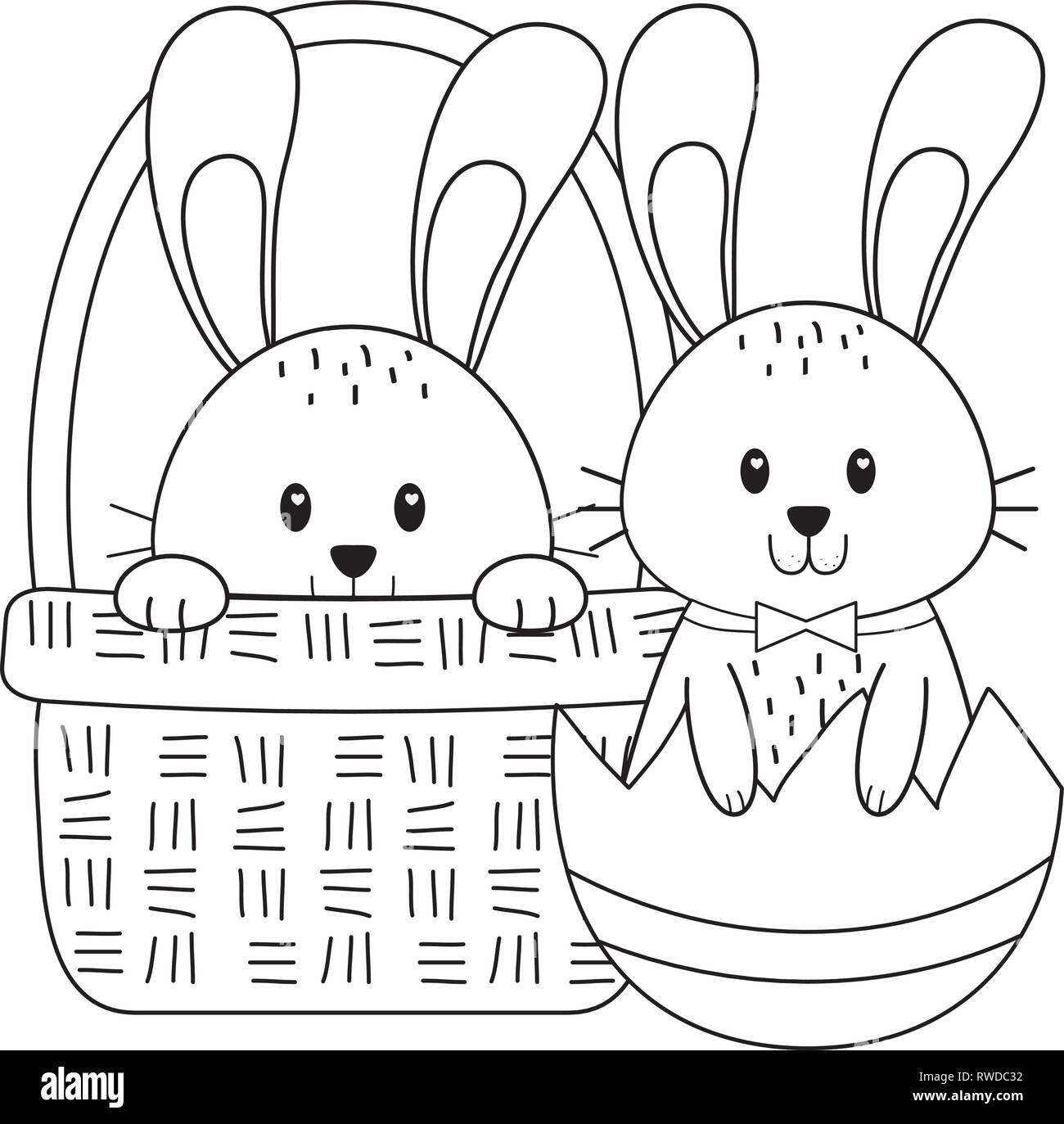 Coniglietti con uova dipinte nel cestello di carattere di pasqua Illustrazione Vettoriale