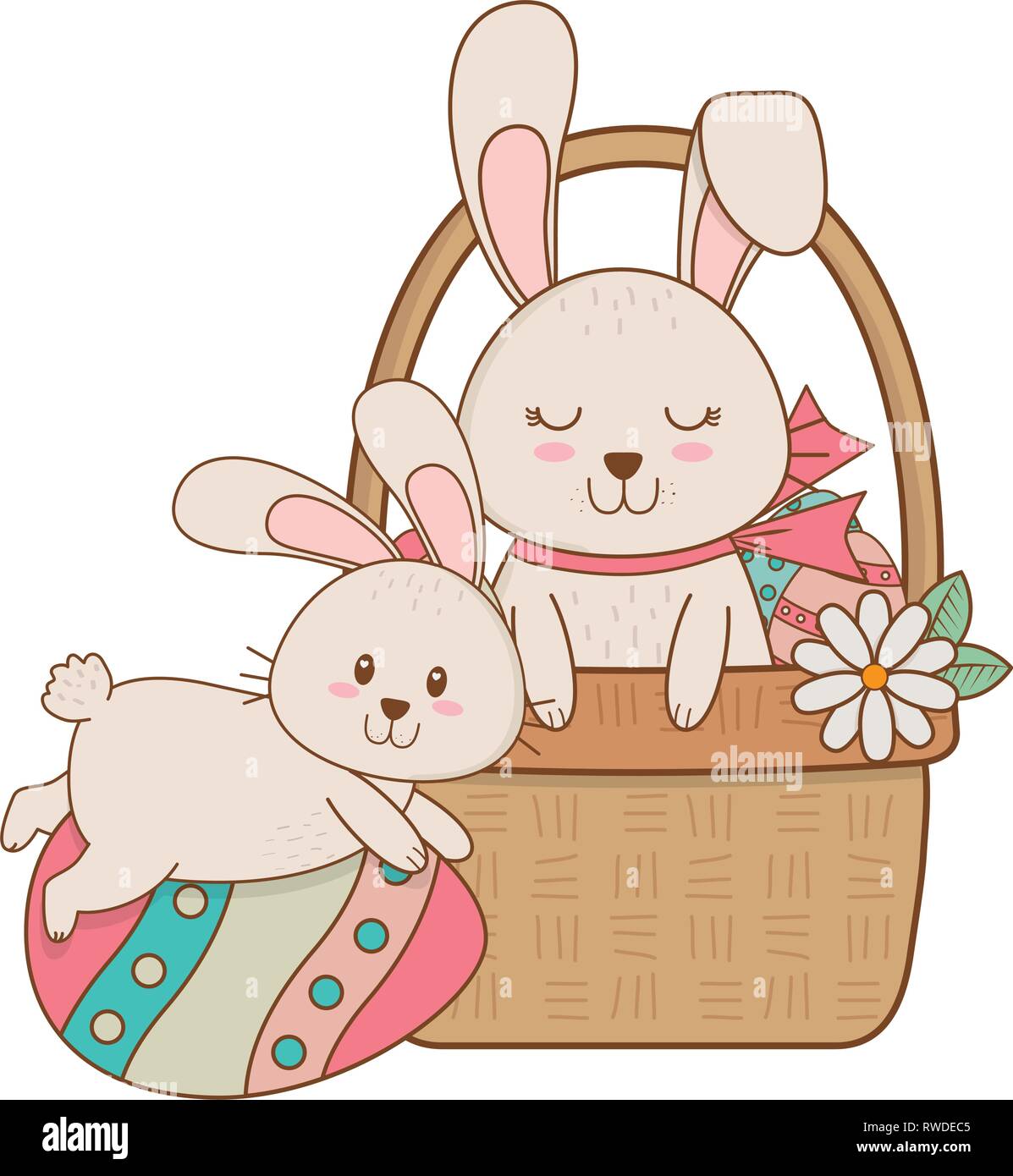 Coniglietti con uova dipinte nel cestello di carattere di pasqua Illustrazione Vettoriale