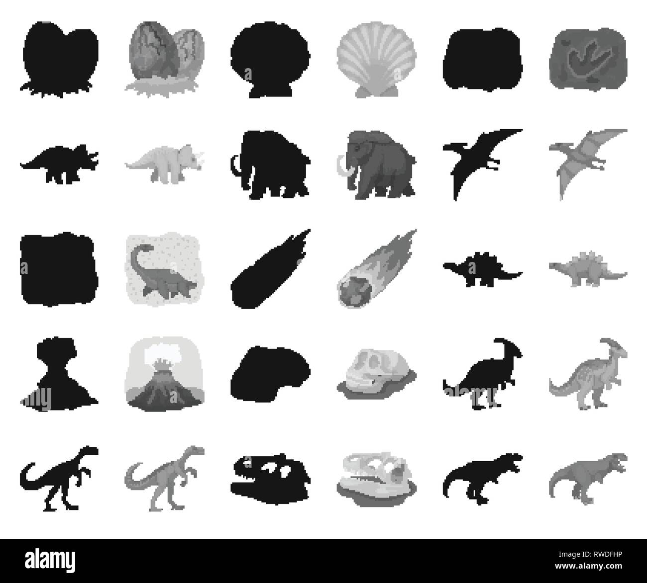L'età,animale,antichità,l'arte,Black,monocromatico, raccolta,design,dinosauro,dinosauri,l'uovo,eruzione,l'estinto,fiamma,footprint,fossili,gallimimus,erbivoro,uomo,icona,immagine,isolato,jurassic,logo,mammifero,mammoth,meteorite,parasaurolophus,periodo,impianto,preistoria,pterodactyloidea,rimane,rock,mare,seashell,impostare,segno,stegosaurus,pietra,il simbolo,triceratops,tirannosauro,vettore,vulcano,web vettori vettore , Illustrazione Vettoriale